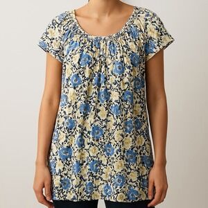 LOFT Outlet Blouse Women XXSP Blue Yellow Floral Scoop Neck Flutter Sleeve